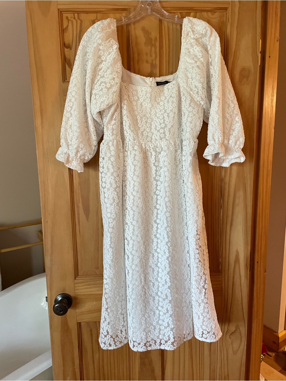 Mikarose White Lace Puff Sleeve Midi Dress with Square Neck